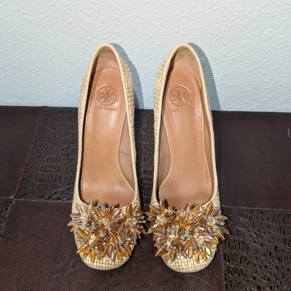 Tory Burch Metallic Kendra Raffia Pump Heels size 9.5